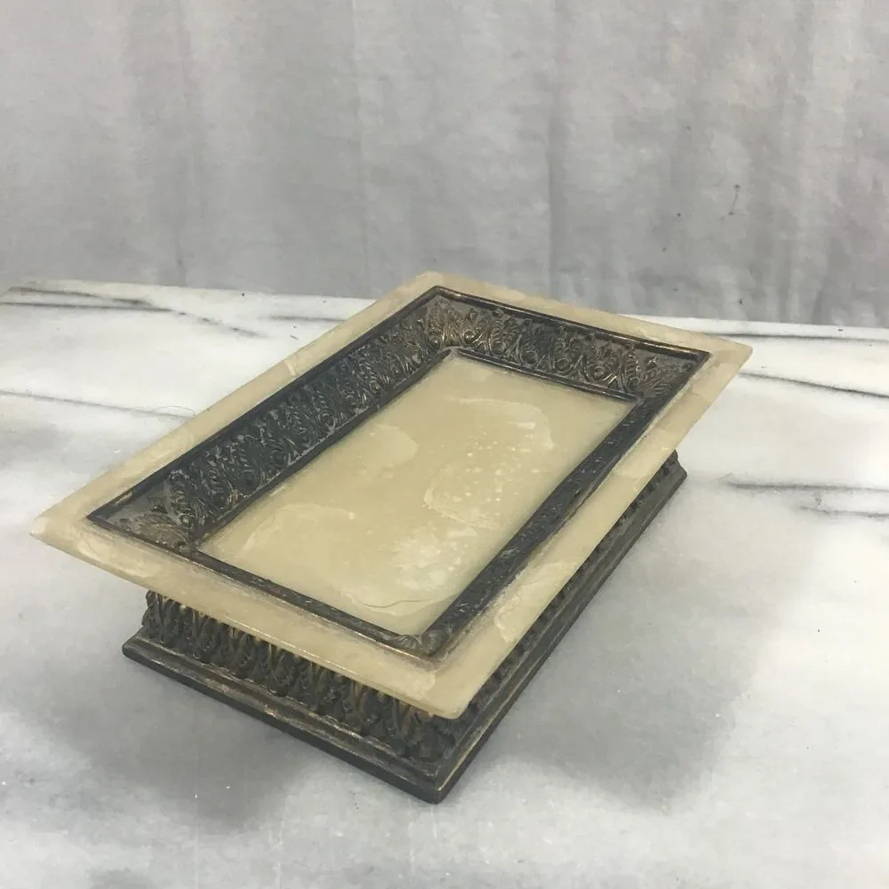 Vintage Onyx Alabaster & Ornate Bronze Tone Metal Soap Dish or Tray